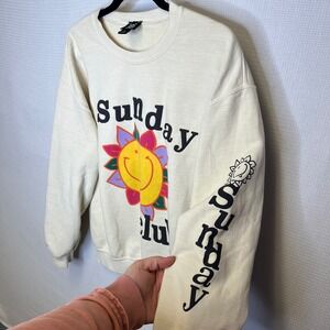 BDG Urban Outfitters Sunday Club Smiley Sun Graphic Sweatshirt Cream Women Small